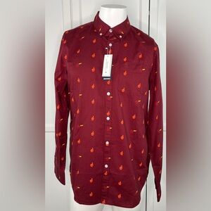 Penguin Shirt Men’s Button Down Maroon Red With Foam Finger Flag Print NWT